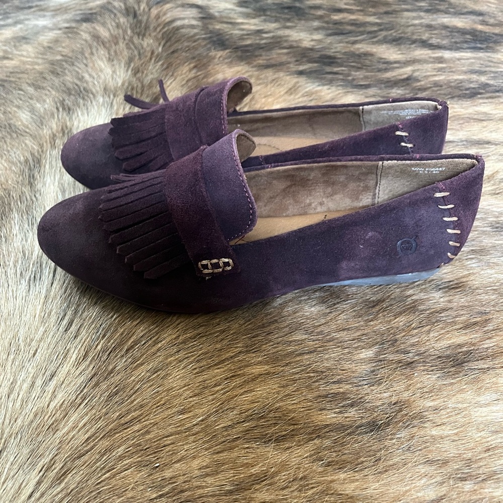 Suede Fringe Loafers in Burgundy- Women's Slip-On Flats
